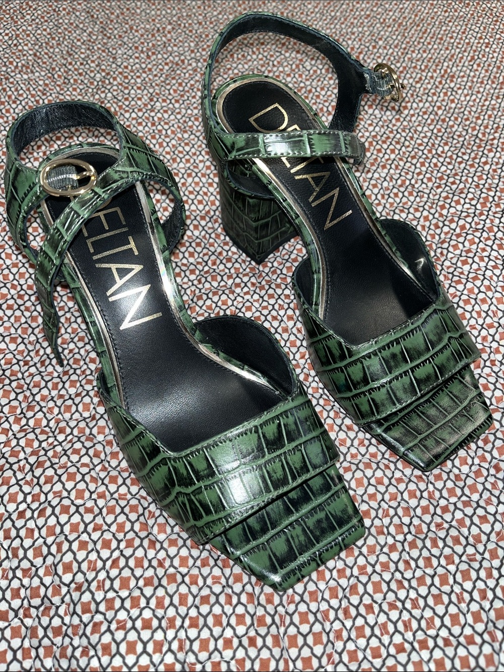 Deltan Green Croc-Embossed Block Heel Sandals